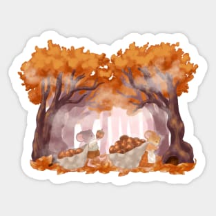 Cottagecore Mice Collecting Acorns on a Foggy Fall Morning Sticker